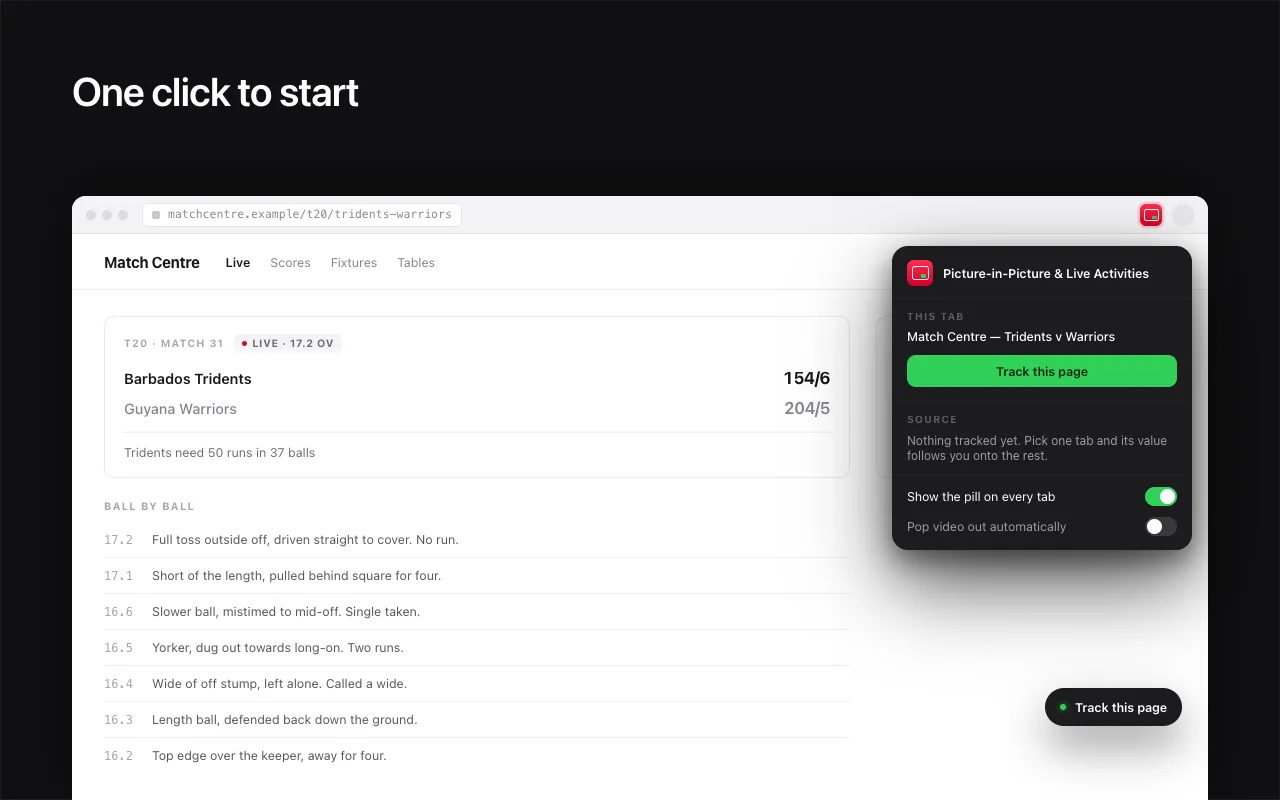 The extension popup open over a live cricket match page, showing the tab name and a green Track this page button, with a matching button in the bottom corner of the page