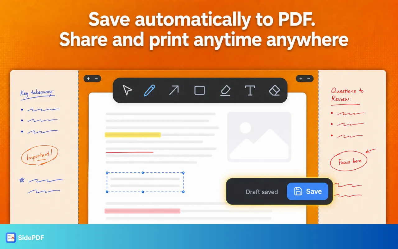 The SidePDF save control showing a draft-saved indicator next to a Save button