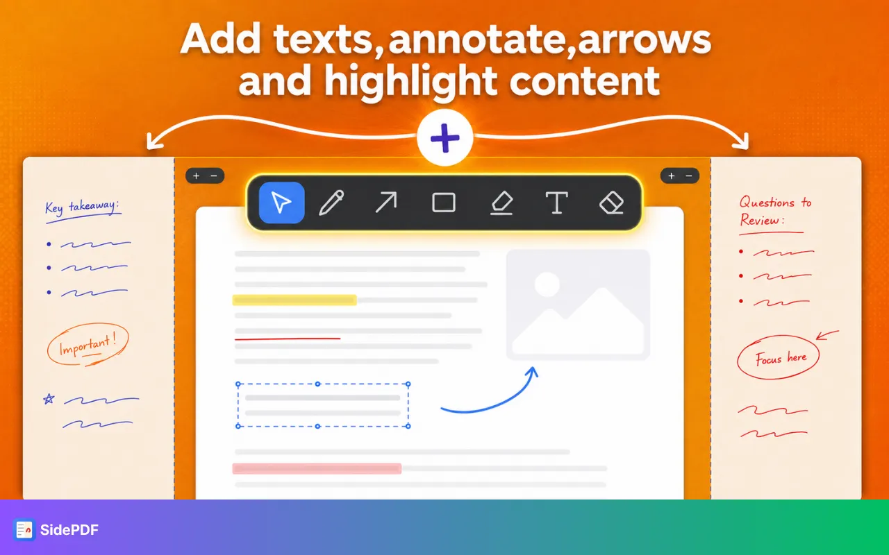 The SidePDF toolbar showing pan, pen, arrow, box, highlighter, text and eraser tools